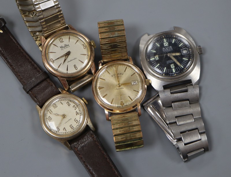 Four assorted gentlemans steel/ gold plated wrist watches, including Avia and Rotary.